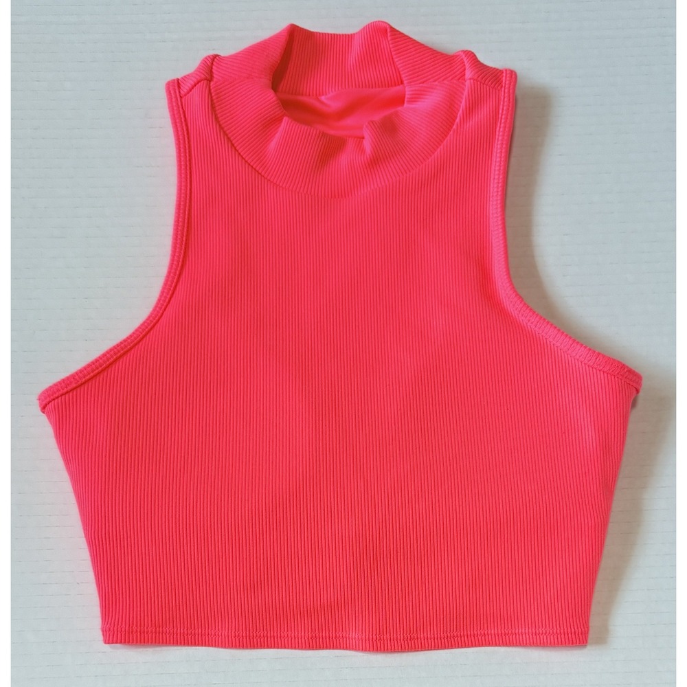 ALO Yoga - Women's Crop Top - Neon Pink Ribbed Mock Neck Open Back - Size Small
